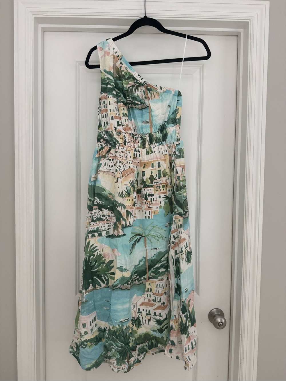 Sugarlips One-Shoulder Scenic Print Skater Skirt in Aqua and Green